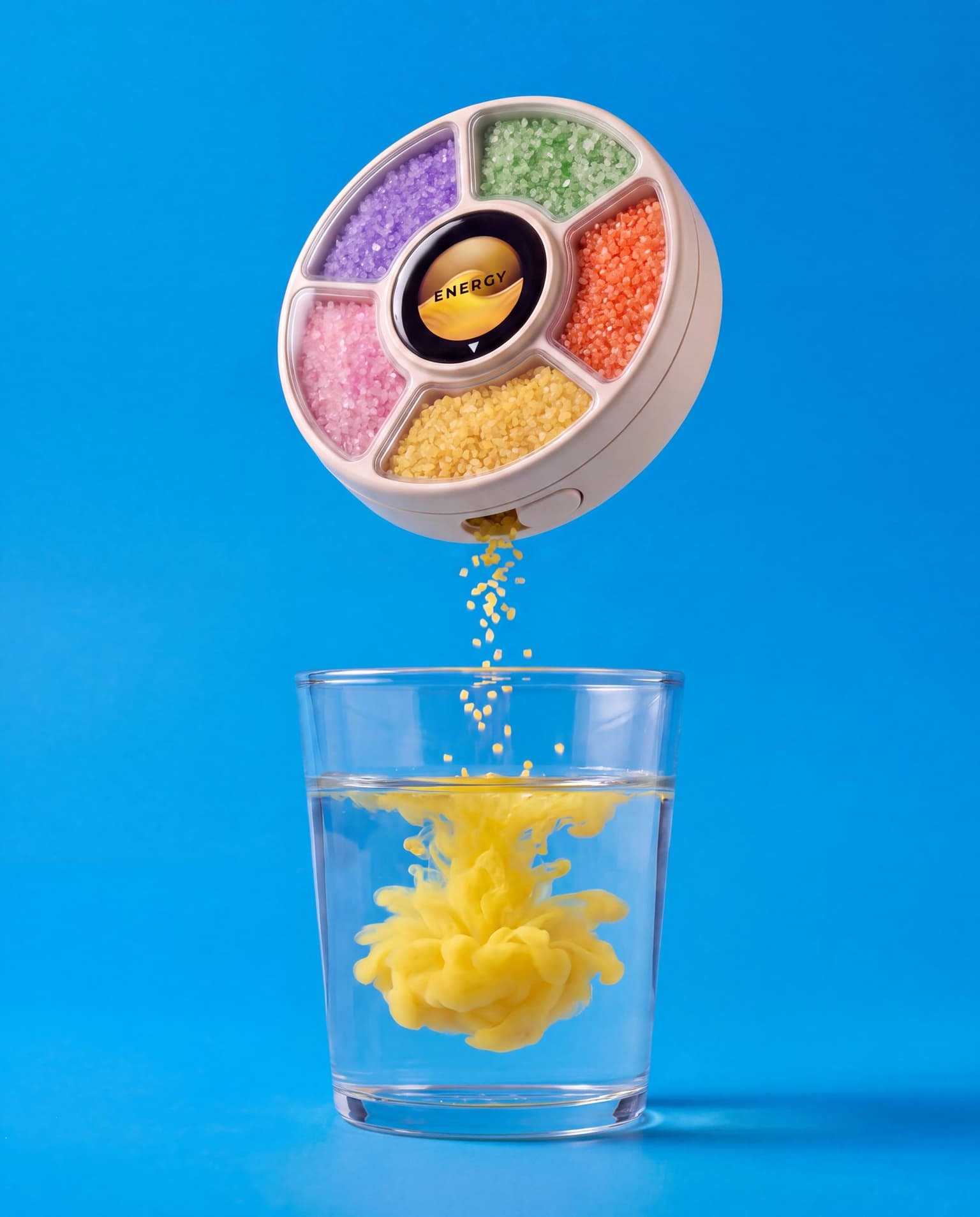 GO DROPS tipped over a glass of water — a thin stream of granules pouring from the side aperture and dissolving into a coloured cloud