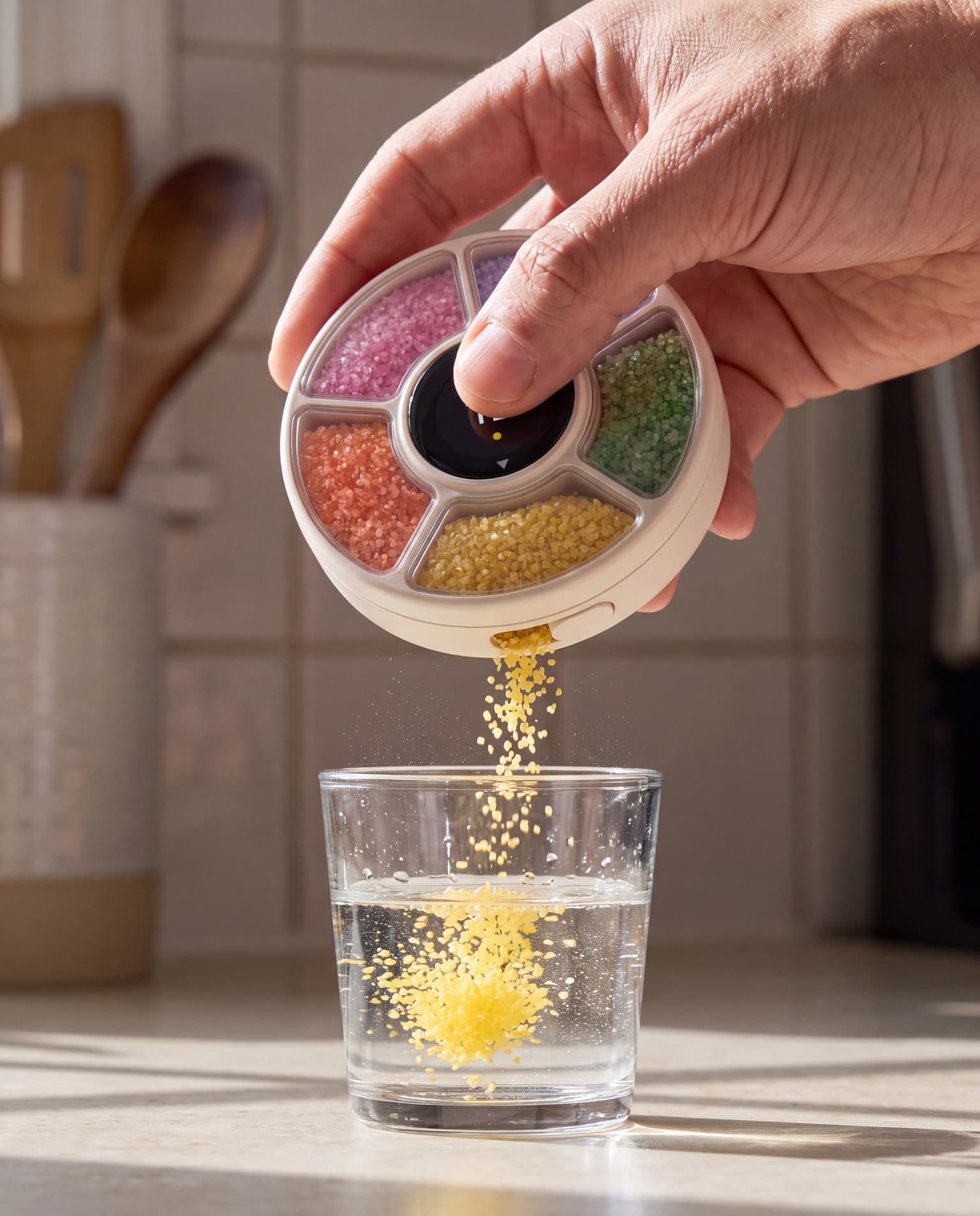 Tipping the dial over a small glass: one metered dose of granules streaming from the side aperture