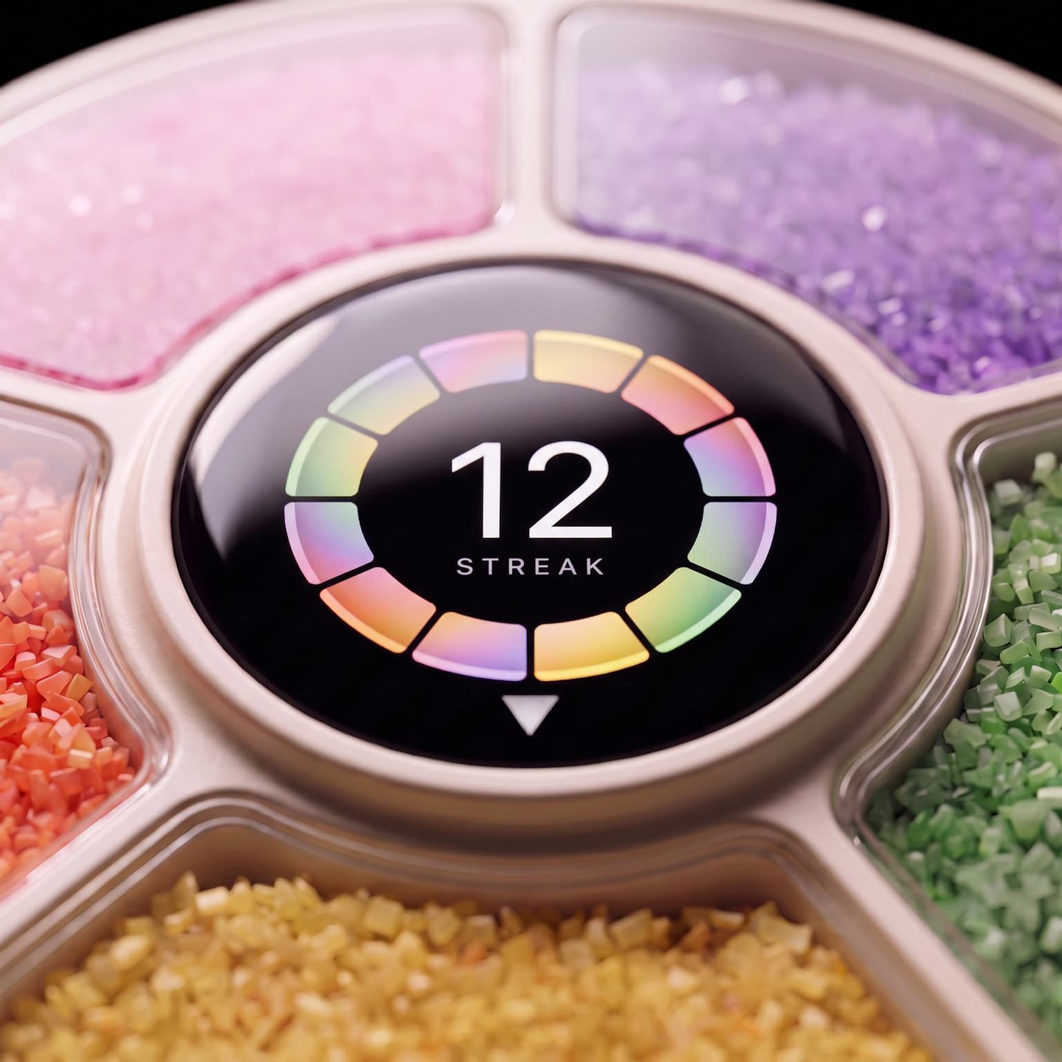 The dial's screen up close: a twelve-segment arc in the blend colours around a large 12 and the word STREAK