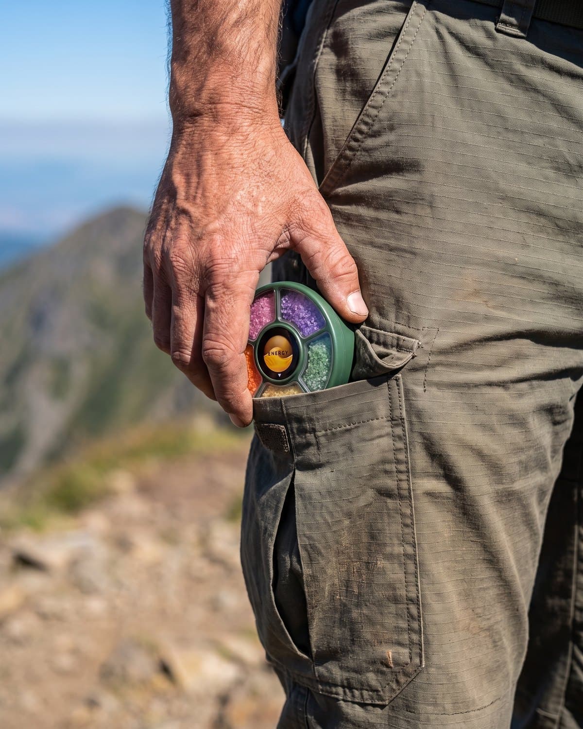 A hiker sliding the forest-green dial into the thigh pocket of his trousers
