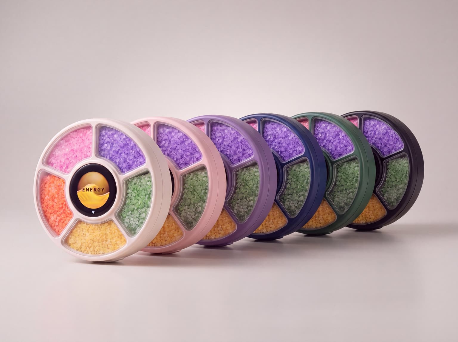All six shells fanned in a row: cream, blush, purple, navy, forest and black